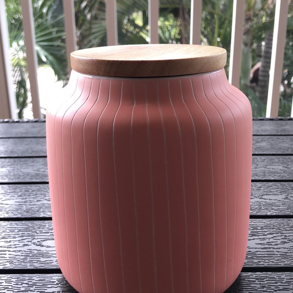 Anthropologie Ribbed Pink Ceramic Canister with Wooden Lid